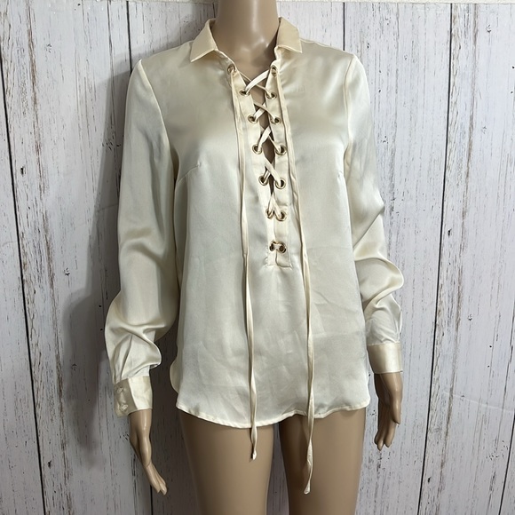 Alythea 100% Polyester Corsette Neck Blouse Golden Buttery Long Sleeves Silky - Picture 1 of 8
